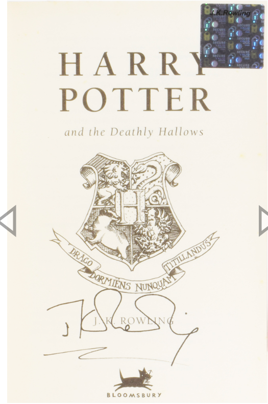 JK Rowling Forgery with an authentic Hologram inside of a Bloomsbury Harry Potter and the Deathly Hallows sold by Adrian Harrington