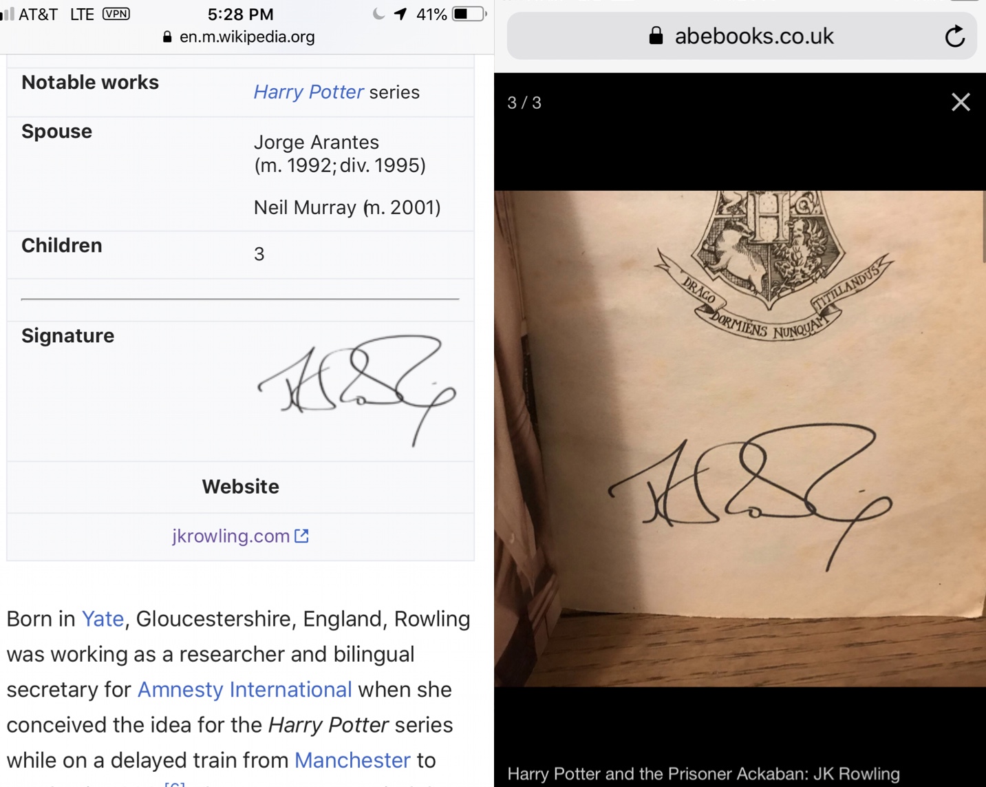 JK Rowling forgery made with Autopen found on Abebooks inside of a Harry Potter and the Prisoner of Azkaban. Avoid Bookseller CWO Books