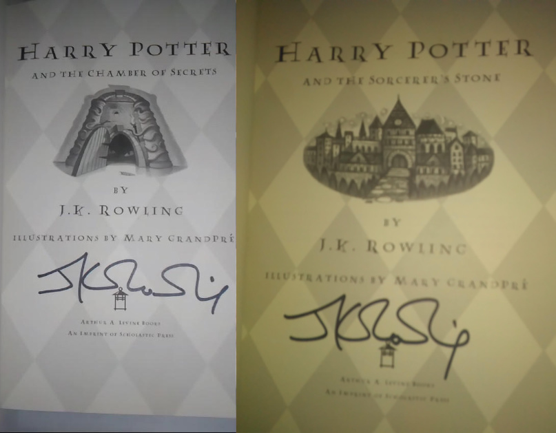 J.K. Rowling Forgeries found inside a Harry Potter and the Sorcerer's Stone and Chamber of Secrets; found on AbeBooks.com
