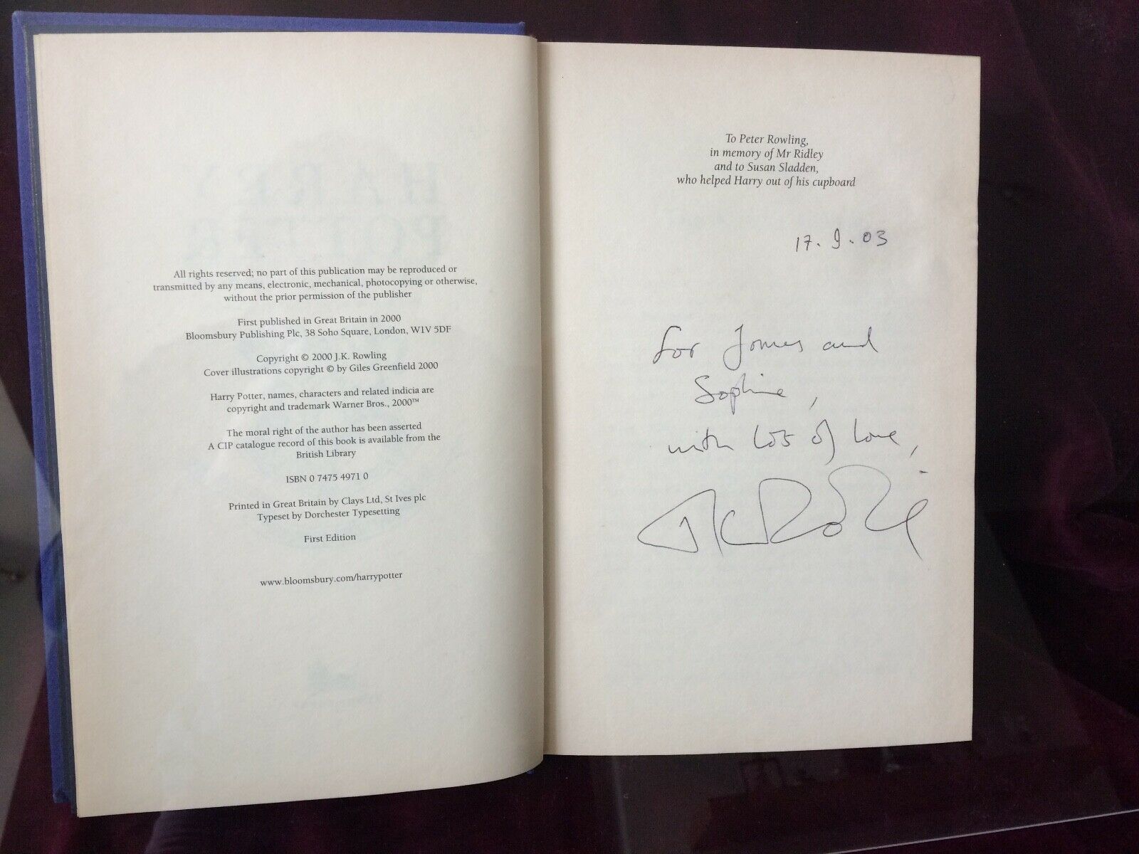 J. K. Rowling signature forgery found on ebay inside a US Harry Potter and the Goblet of Fire. Sold by Quartermain-75.