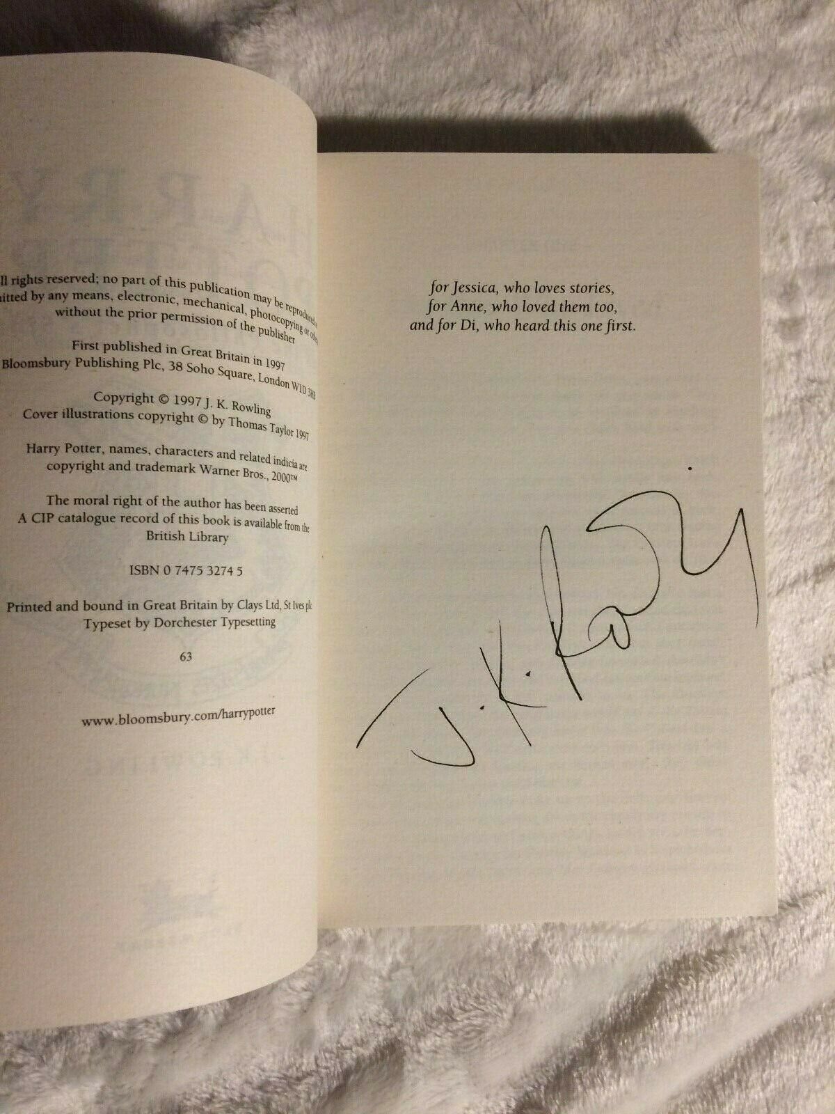 J.K. Rowling Signature Forgery found inside a Harry Potter and the Philosopher's Stone on ebay. Sold by PlantCollections72.