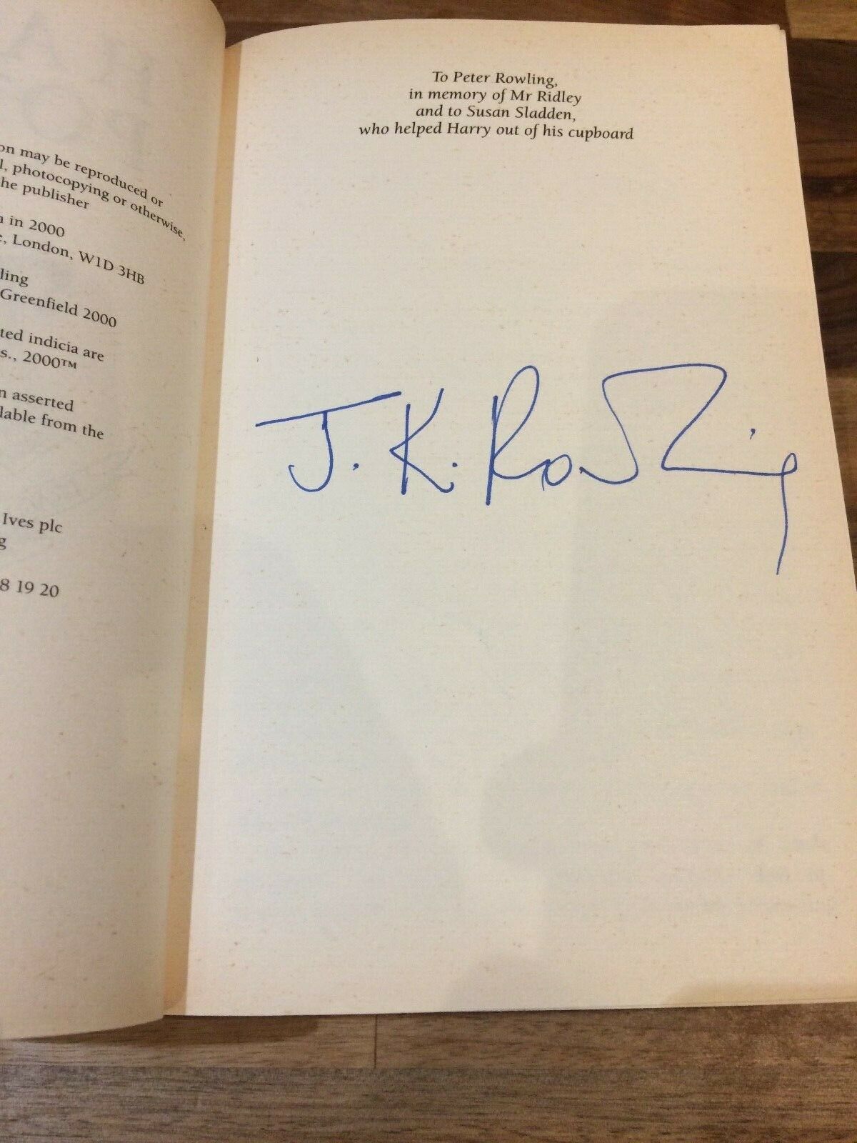 J. K. Rowling Signature Forgery found inside a US Harry Potter and the Goblet of Fire on ebay. Sold by PlantCollections72.